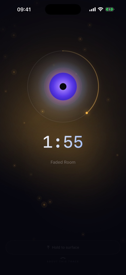 A FocusPulse session on iPhone: the orb inside its progress ring, a clock reading 1:55,
                  the track Faded Room, and a faded Hold to surface — the interface asleep mid-dive.